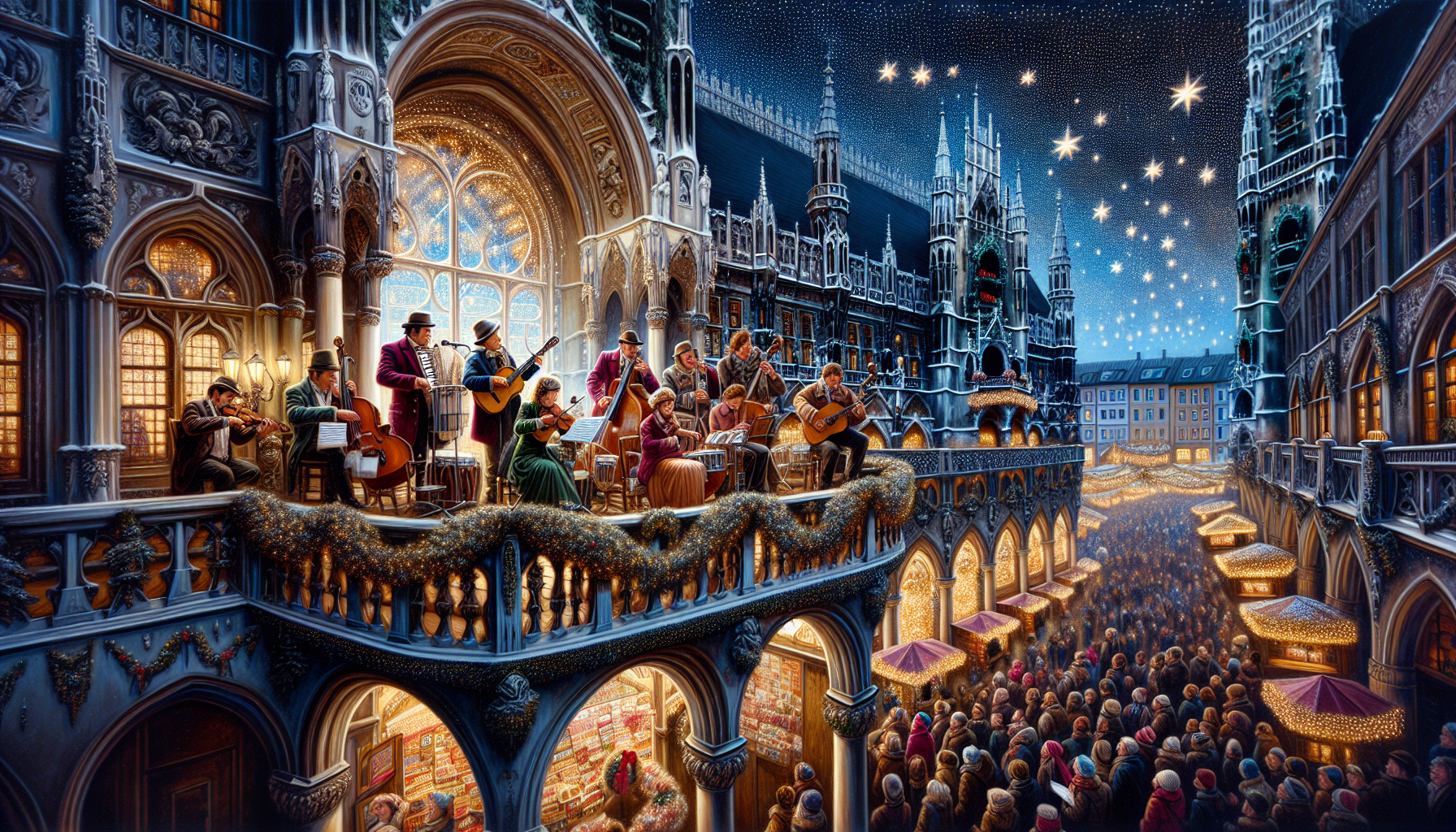 Advent music on the town hall balcony during the Munich Christmas market.