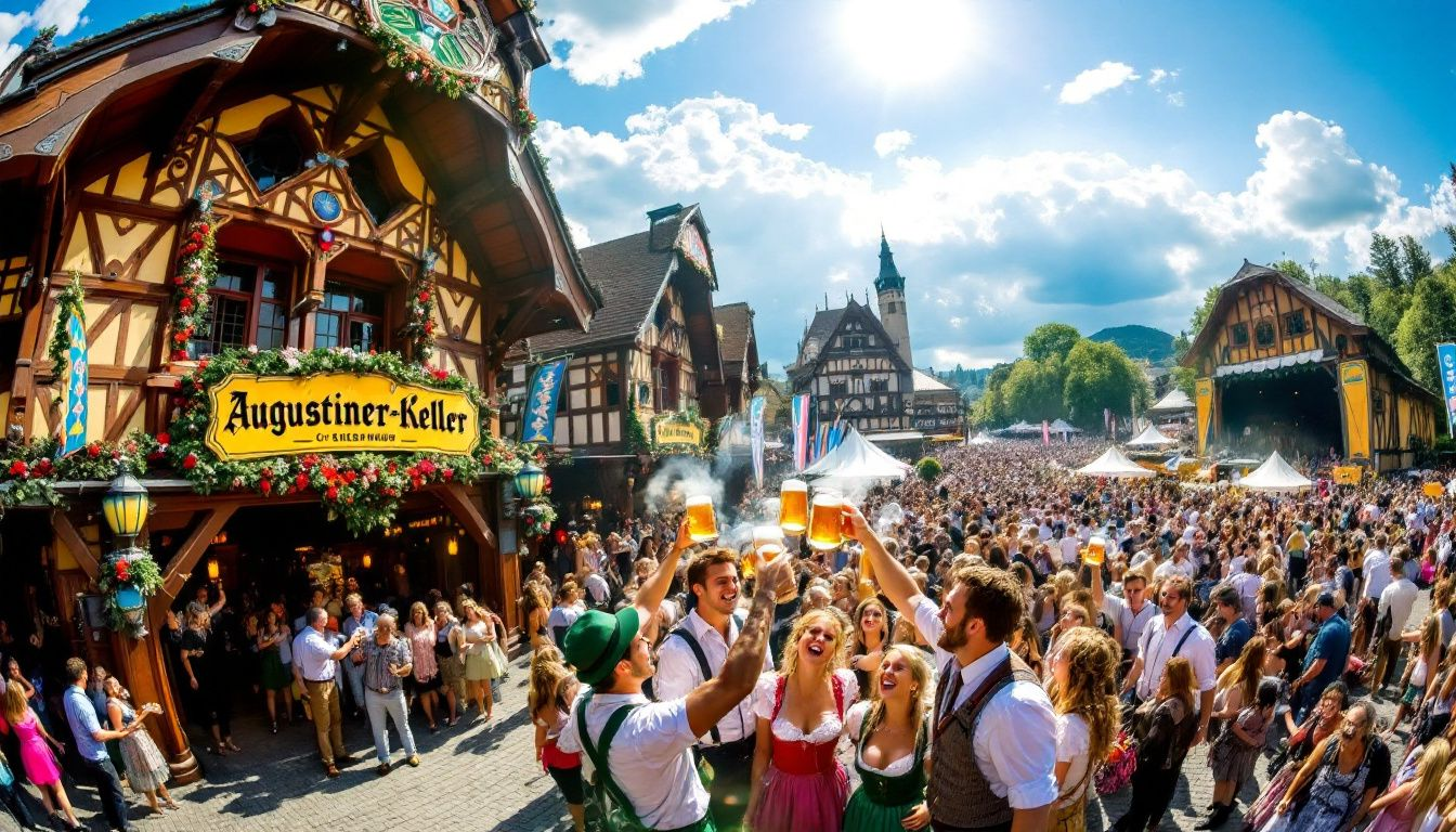 A panoramic view of the Munich Oktoberfest experience with guests enjoying the festival.