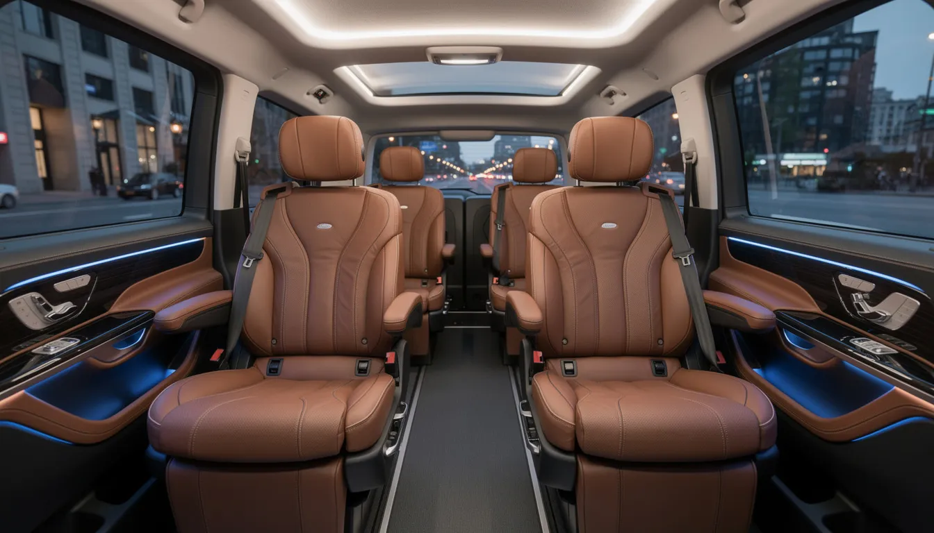 The image depicts the luxurious interior of a Mercedes-Benz V-Class van, featuring plush leather seats and a spacious cabin enhanced by ambient lighting, perfect for a stress-free travel experience in Munich. This premium vehicle is ideal for business trips, city tours, and airport transfers, ensuring maximum comfort and customer satisfaction.