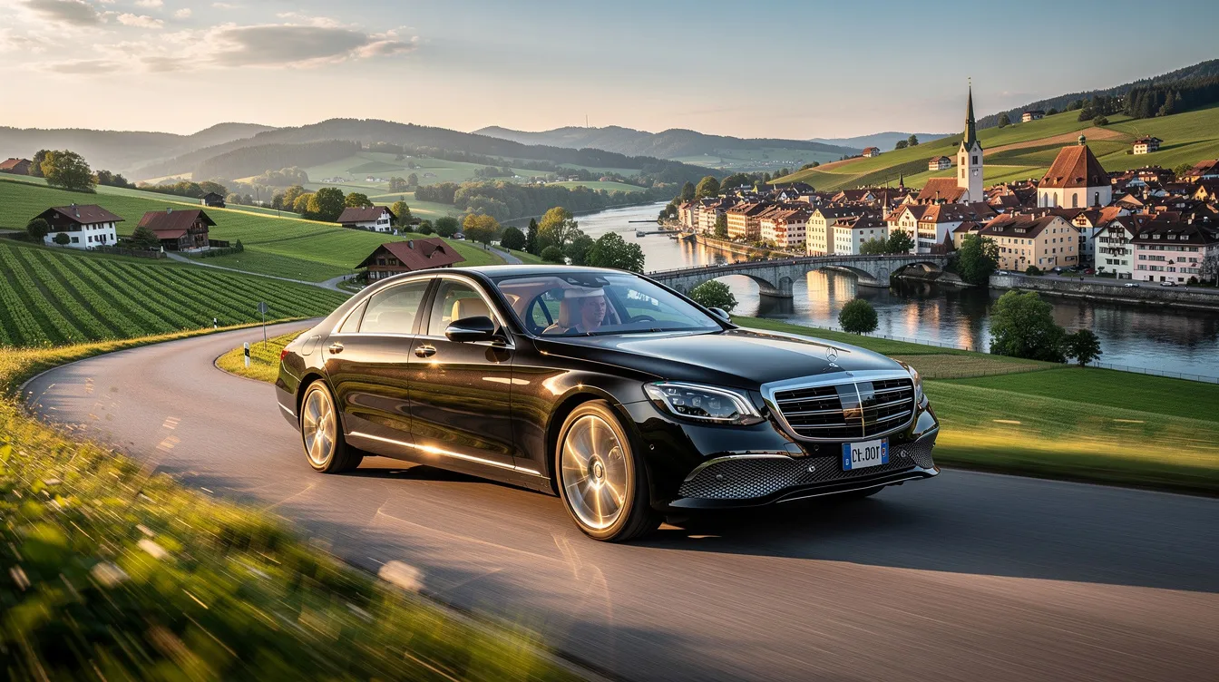 A luxurious Mercedes-Benz sedan is cruising through the picturesque Bavarian countryside, heading towards the charming river town of Passau, known for its three rivers. The serene landscape showcases rolling hills and lush greenery, embodying the beauty of Germany.