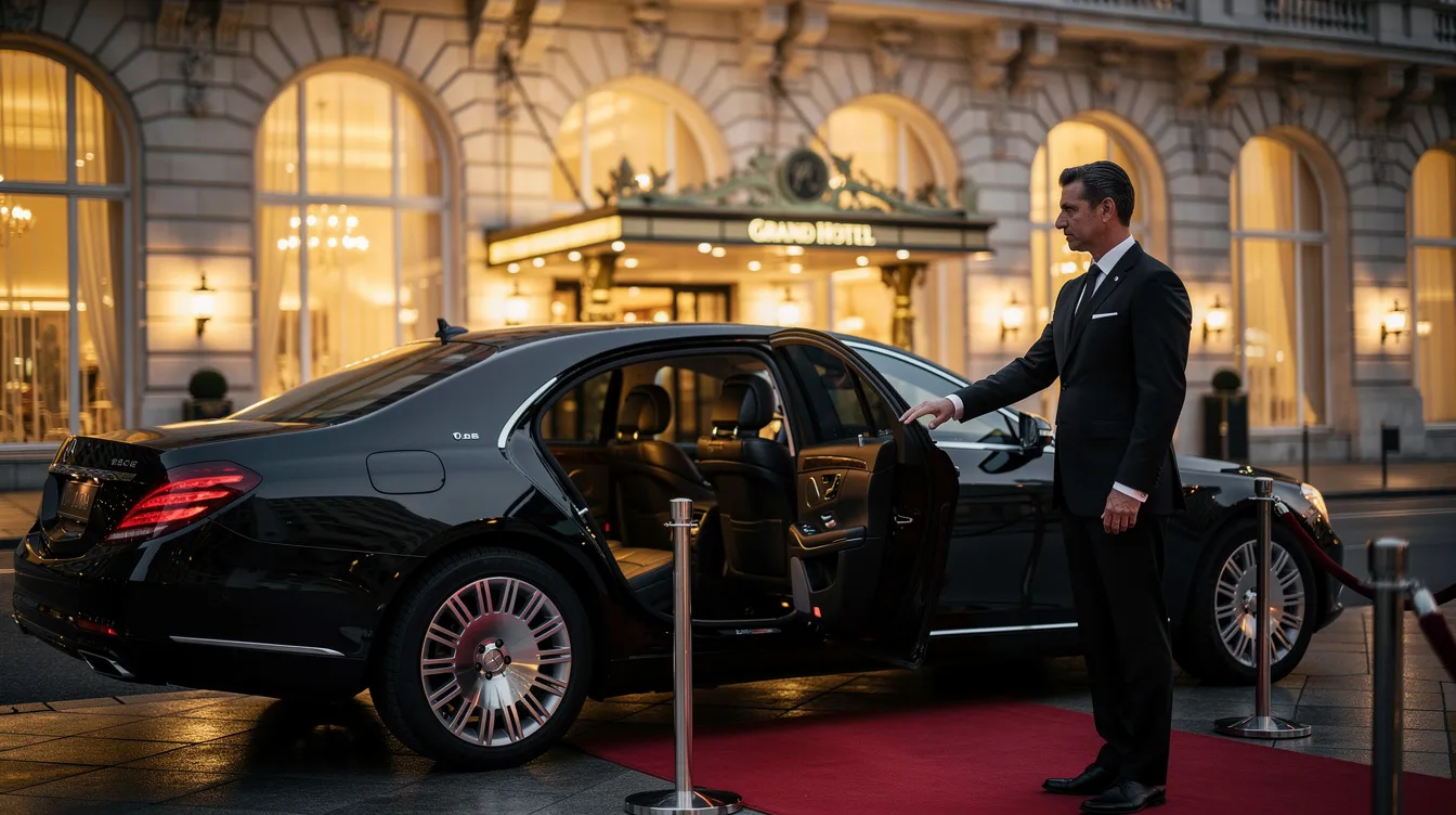 Ein professioneller Chauffeur öffnet die Fahrzeugtür vor einem eleganten Hotel, das einladend wirkt und Komfort sowie Luxus ausstrahlt. Diese Szene könnte ideal für einen Flughafentransfer oder einen besonderen Anlass wie eine Hochzeit in der Nähe von München oder Tegernsee sein.