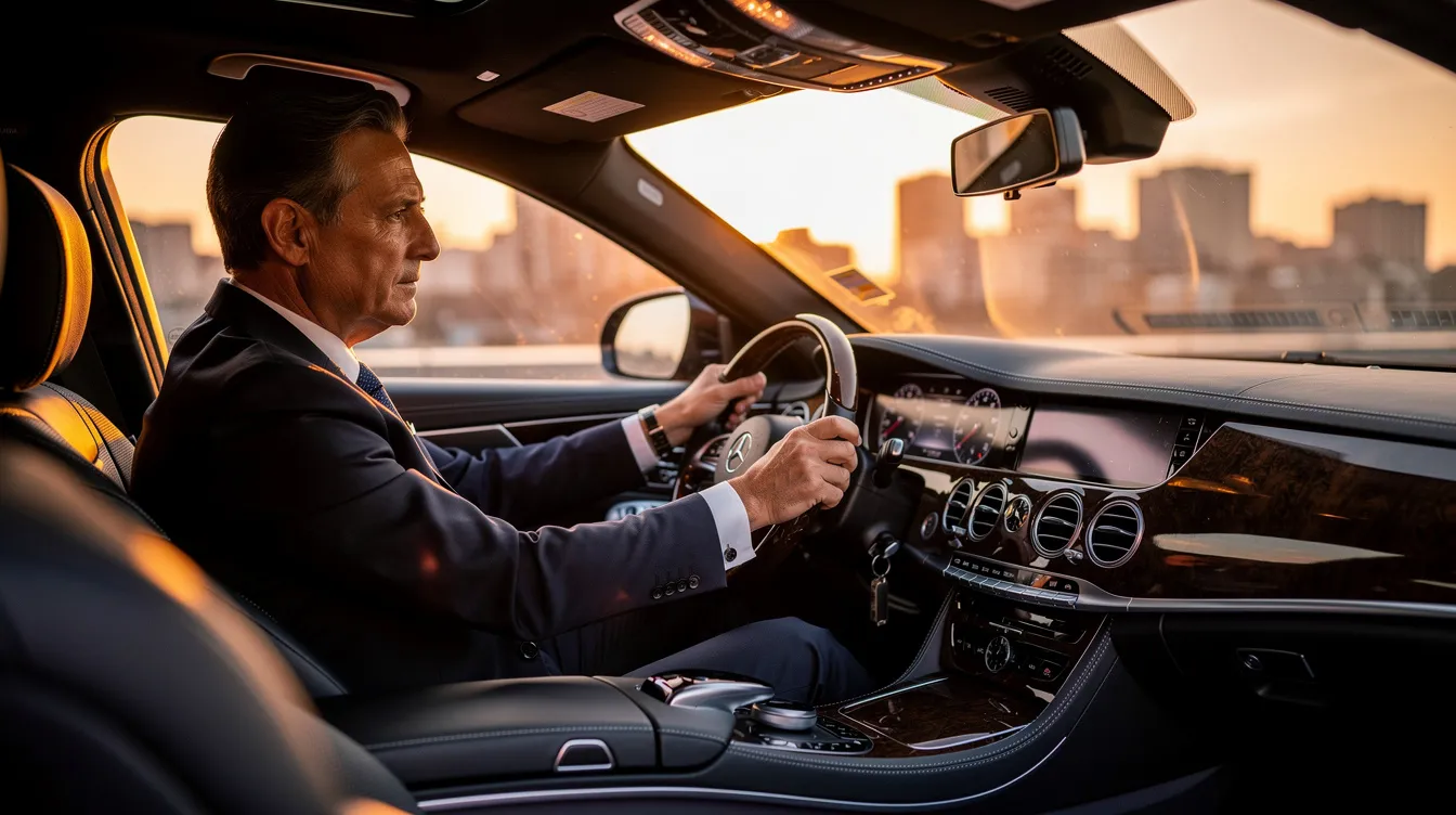 Ein Chauffeur sitzt am Steuer einer eleganten Luxuslimousine, während die Sonne am Horizont untergeht und den Himmel in warmen Farben erleuchtet. Diese Szene vermittelt ein Gefühl von Komfort und Stil, ideal für einen Flughafentransfer oder eine besondere Veranstaltung in der Nähe von München oder Tegernsee.