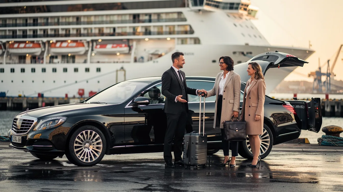 A professional chauffeur is assisting passengers with their luggage at a cruise dock, ensuring a smooth transfer experience as they embark on their journey. The scene reflects a comfortable and organized travel environment, typical of services available for trips from Munich to Passau in Germany.