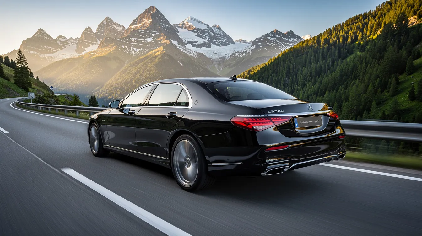 A luxury Mercedes vehicle drives along a scenic Alpine road, with majestic mountain peaks in the background, offering travelers a comfortable ride and exceptional service as they explore the beautiful Bavarian Alps. This picturesque setting is perfect for those considering a private tour to iconic destinations like Neuschwanstein Castle and Hohenschwangau Castle.