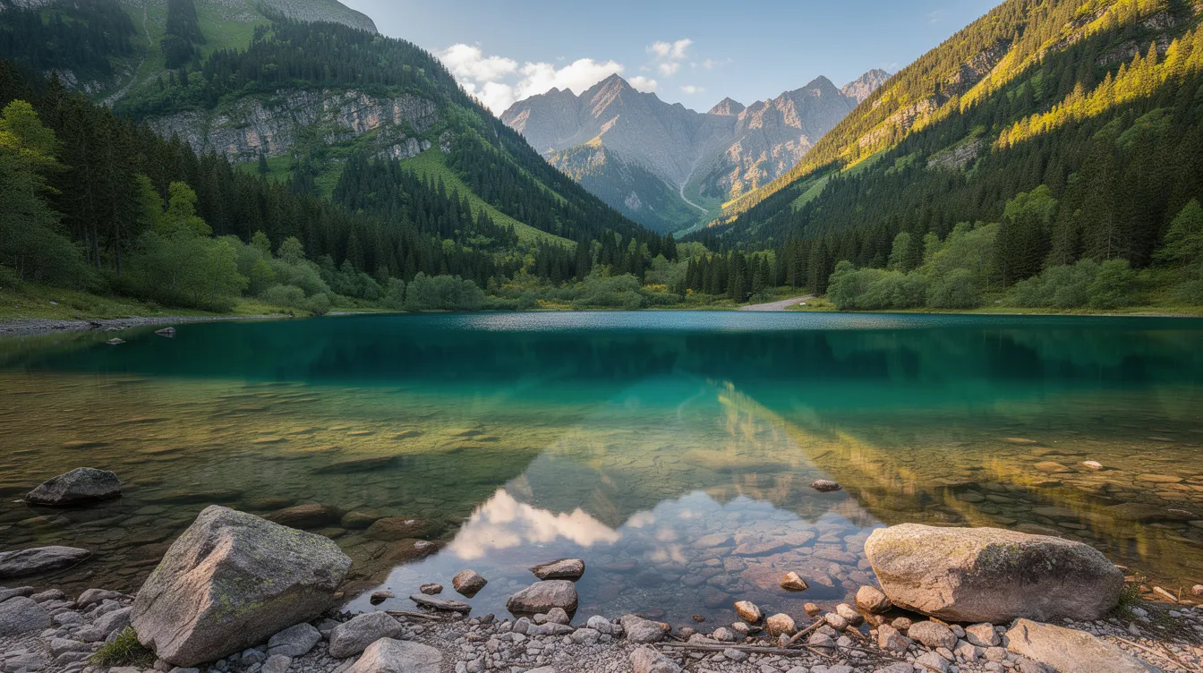 A serene alpine mountain lake features crystal-clear turquoise water, nestled among lush forested slopes that rise majestically around it. This picturesque setting invites visitors to explore the beauty of nature, making it a perfect destination for a day trip in the Bavarian Alps.