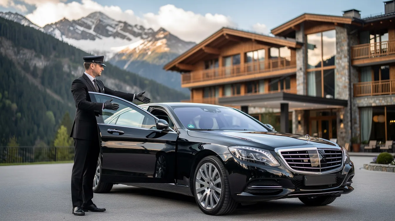 München Garmisch-Partenkirchen Transfer 4 Ein Chauffeur öffnet die Tür einer eleganten schwarzen Mercedes-Limousine vor einem Berghotel in Garmisch-Partenkirchen, um seine Kunden willkommen zu heißen. Im Hintergrund erstreckt sich die beeindruckende Alpenlandschaft, die für die Region bekannt ist.