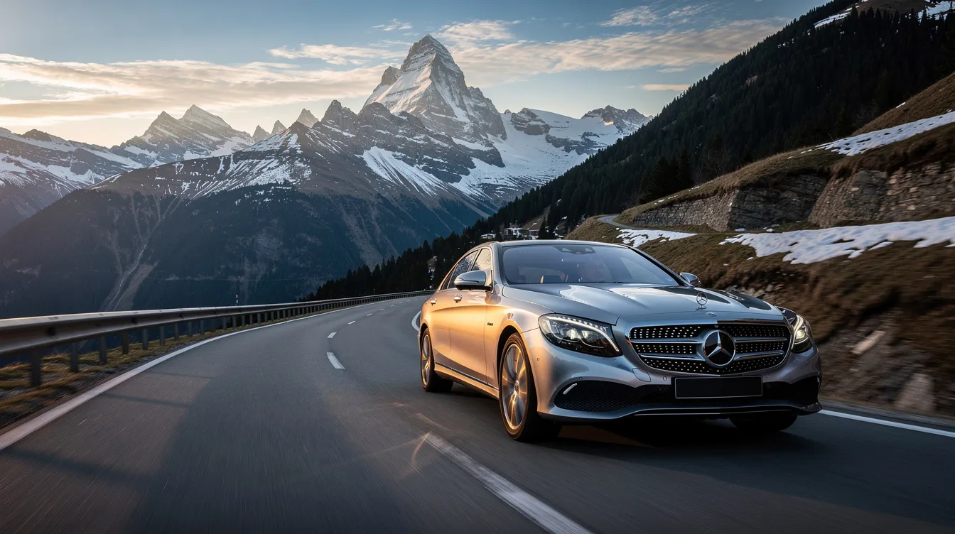 Eagles Nest Private Tour from Munich: Luxury Historical Day Trip 5 A luxury Mercedes vehicle navigates a winding Alpine mountain road, surrounded by stunning snow-capped peaks, offering a glimpse of the beautiful scenery often experienced during an eagle's nest private tour from Munich. The image captures the elegance of the car against the dramatic backdrop of the Bavarian Alps, inviting adventure and exploration in this historically significant region.