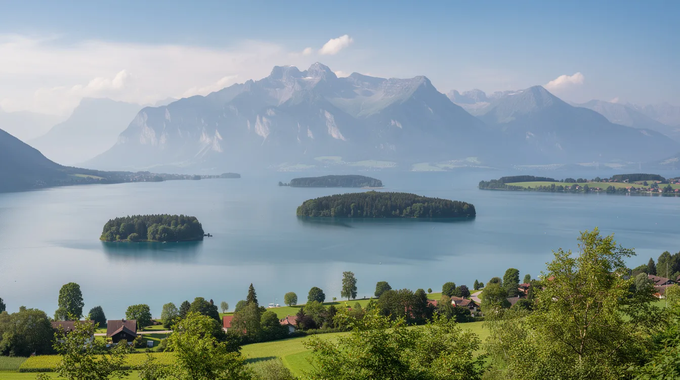 München Murnau Transfer - Luxuriöse Fahrservice ins Bayerische Oberland 5 Ein Panoramablick zeigt den Staffelsee, umgeben von einer beeindruckenden Alpenkulisse im Hintergrund. Die ruhige Wasseroberfläche des Sees spiegelt die majestätischen Berge wider, während die Region Murnau in der Ferne sichtbar ist.