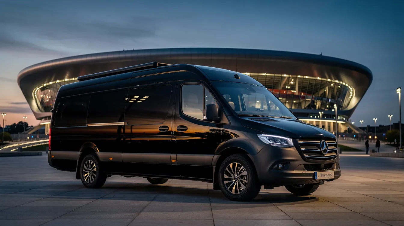 Ein luxuriöser schwarzer Mercedes-Sprinter steht vor der Allianz Arena, während die Abenddämmerung eine stimmungsvolle Atmosphäre schafft. Der Shuttle-Service bietet eine elegante Anreise zu Sport- und Firmen-Events im Herzen von München.