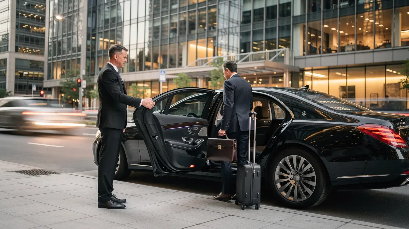 Flughafentransfer München mit Limousinen, Premium Vans und Kleinbussen von 2 bis 20 Personen 40 Ein Chauffeur öffnet die Fahrzeugtür für einen Geschäftsreisenden, der gerade am Flughafen München angekommen ist. Der elegante Mercedes-Benz steht bereit für den komfortablen Flughafentransfer, während der Fahrer dem Reisenden beim Einsteigen hilft.