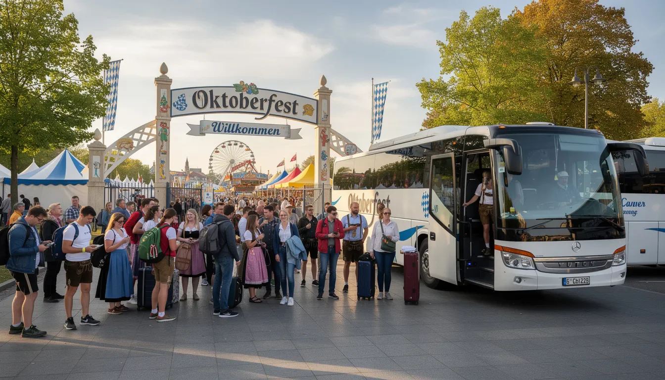 Oktoberfest Shuttle Service München – Premium-Transfer zur Wiesn 2026 5 Ein Luxus-Reisebus entlädt eine 50-köpfige Gruppe direkt vor den Toren des Oktoberfests in München, wo die Besucher die festliche Atmosphäre und die zahlreichen Attraktionen auf der Theresienwiese genießen können. Der Shuttle Service sorgt für einen komfortablen Transfer und erleichtert die Anreise zu dem größten Volksfest der Welt.