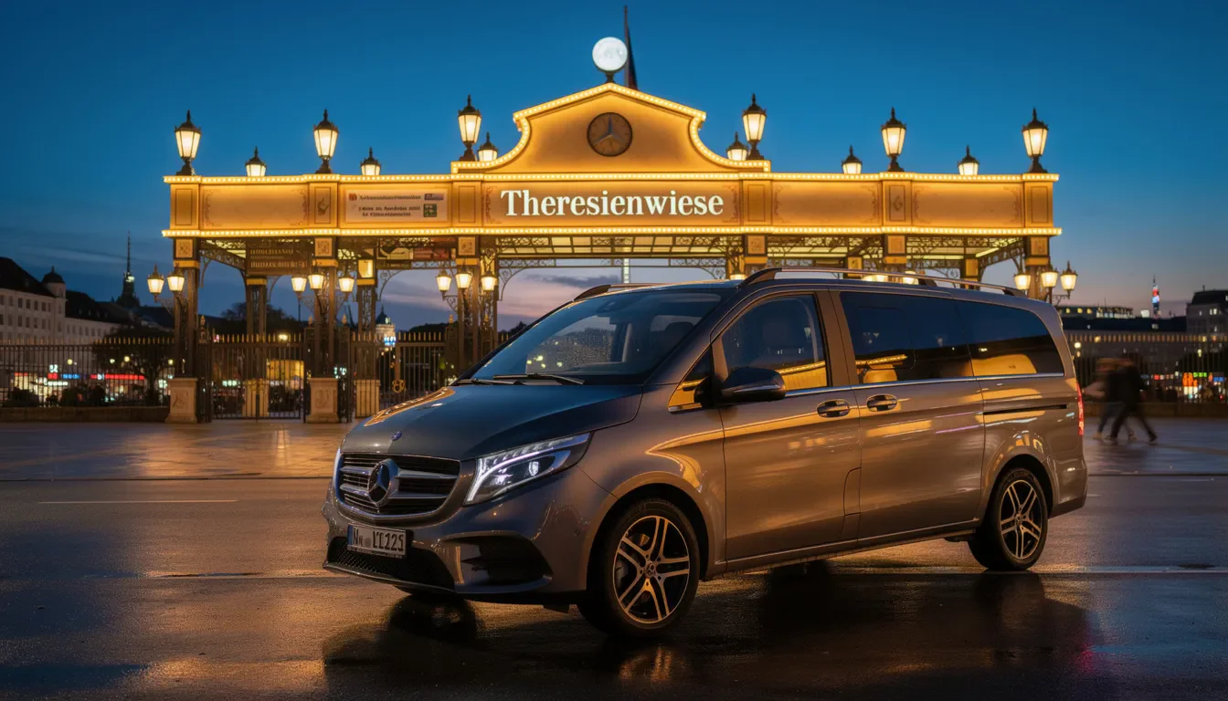 Oktoberfest Shuttle Service München – Premium-Transfer zur Wiesn 2026 2 Ein Mercedes-Benz V-Klasse steht vor dem beleuchteten Eingang der Theresienwiese am Abend, bereit, Besucher zum Oktoberfest zu bringen. Der Shuttle-Service bietet eine komfortable Anreise zu einem der größten Volksfeste der Welt, umgeben von festlicher Atmosphäre und zahlreichen Attraktionen.