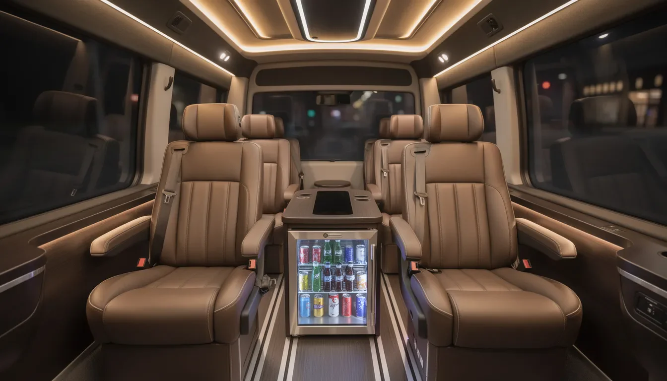 Oktoberfest Shuttle Service München – Premium-Transfer zur Wiesn 2026 4 Die Innenansicht eines VIP-Sprinter-Shuttles zeigt elegante Ledersitze und einen Getränkekühler, ideal für den Komfort von Gästen, die den Oktoberfest Shuttle Service nutzen möchten. Dieses luxuriöse Fahrzeug bietet eine angenehme Atmosphäre für die Anreise zur Wiesn, dem größten Volksfest der Welt.
