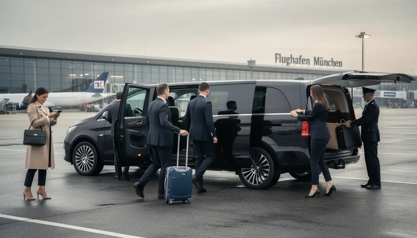 Oktoberfest Shuttle Service München – Premium-Transfer zur Wiesn 2026 3 Eine Gruppe von Geschäftsleuten steigt in einen luxuriösen Kleinbus am Flughafen München ein, um den komfortablen Shuttle Service zum Oktoberfest zu nutzen. Der Fahrer wartet bereits, um die Gäste zu ihrem Ziel auf der Theresienwiese zu bringen, dem größten Volksfest der Welt.