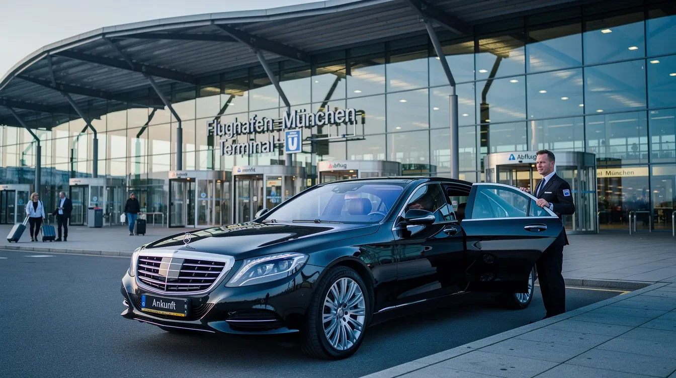 Flughafentransfer München mit Limousinen, Premium Vans und Kleinbussen von 2 bis 20 Personen 5 Ein luxuriöses Chauffeurfahrzeug, ein Mercedes Benz, steht vor dem Terminal des Münchner Flughafens bereit für den Flughafentransfer. Der Fahrer wartet am Abholort, um die Fahrgäste komfortabel zu ihrem Ziel zu bringen.